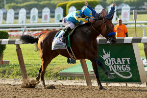 American Pharoah (Pioneerof the Nile) and jockey Victor Espinoza win the Belmont Stakes (Gr I) and the Triple Crown at Belmont Park 6/6/15. Trainer: Bob Baffert. Owner: Zayat Stables